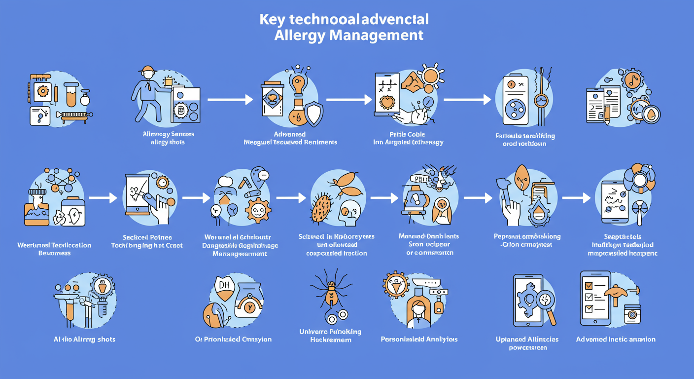 Une image stylisée montrant des icônes ou des représentations visuelles des avancées mentionnées (domotique, immunothérapie, diagnostics précis...).