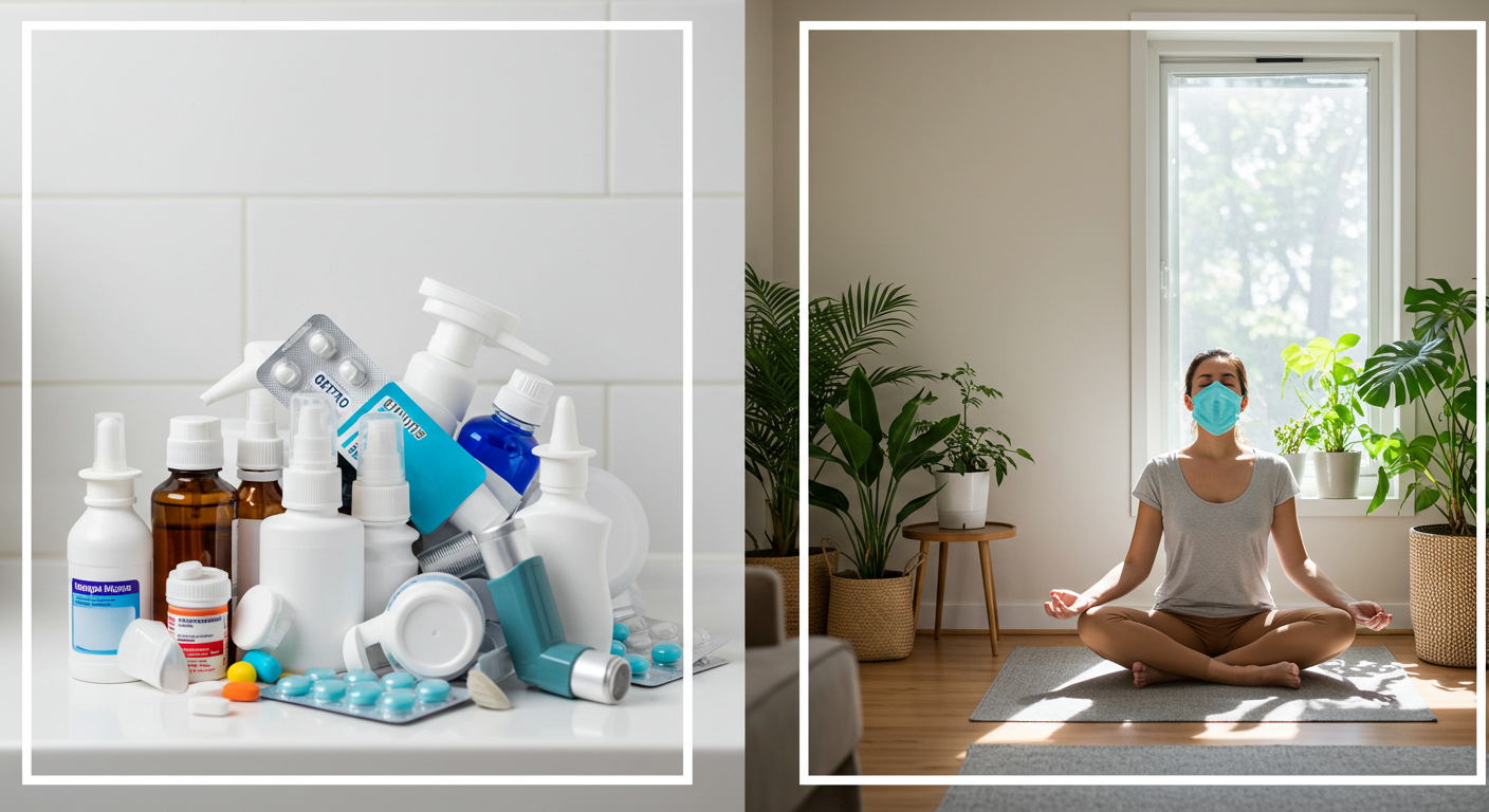Une comparaison visuelle : d'un côté, une pile d'objets (purificateurs, etc.) représentant des dépenses inutiles, de l'autre, une image symbolique représentant le contrôle et la gestion des allergies (une main tenant un plant vert).