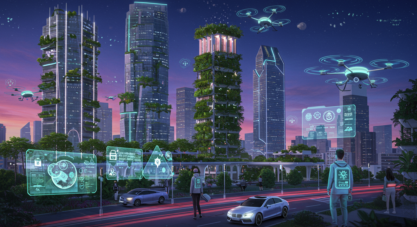 Une image futuriste et optimiste illustrant une ville intelligente et connectée gérant la prévention des allergies (espaces verts, bâtiments intelligents...).