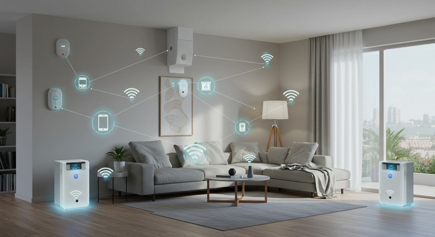 Représentation visuelle d'un réseau interconnecté d'appareils domotiques (capteurs, purificateurs, système de ventilation) communiquant entre eux de manière fluide et harmonieuse.  Des lignes lumineuses pourraient illustrer les connexions.