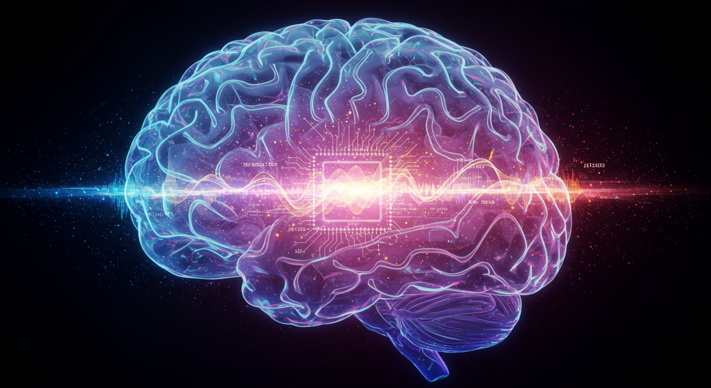 Image abstraite montrant un cerveau stylisé analysant des données représentées par des flux lumineux et des courbes.  L'accent doit être mis sur l'analyse en temps réel et la prédiction.