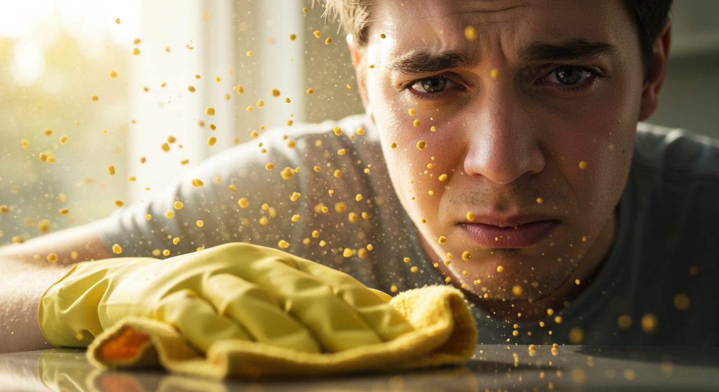 Image d'une personne frustrée, essayant de nettoyer méticuleusement sa maison, mais toujours entourée de pollen.  Ambiance stressante.