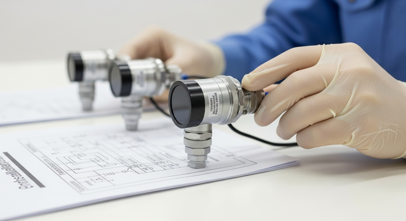 Illustration d'un technicien vérifiant des capteurs, avec des détails suggérant un calibrage, un placement correct et la vérification de l'heure.