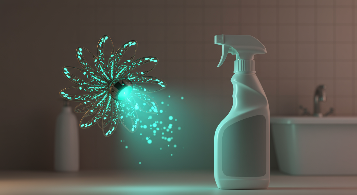 Image stylisée d'un capteur en train d'analyser une source de pollution spécifique (ex: une plante, une peinture, un produit ménager) et d'émettre un signal lumineux indiquant le type de polluant.