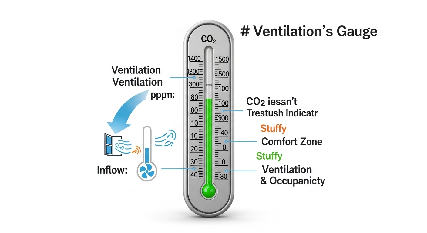 Image métaphorique représentant le CO2 comme un thermomètre plutôt qu'un danger direct.  Peut-être une représentation stylisée d'un thermomètre avec des flèches indiquant ventilation et occupation.