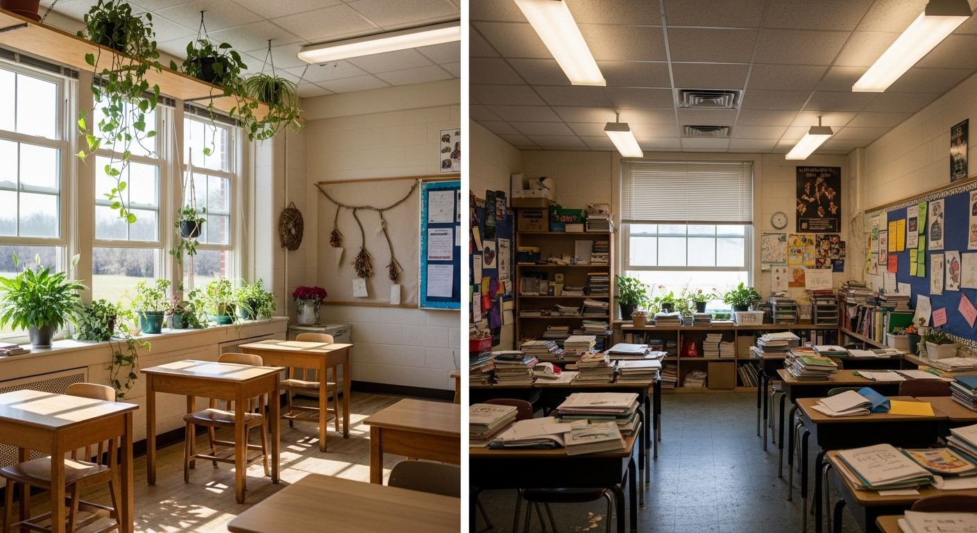 Image montrant une classe bien ventilée, avec des plantes et des matériaux sains, contrastant avec une autre classe mal ventilée et encombrée.
