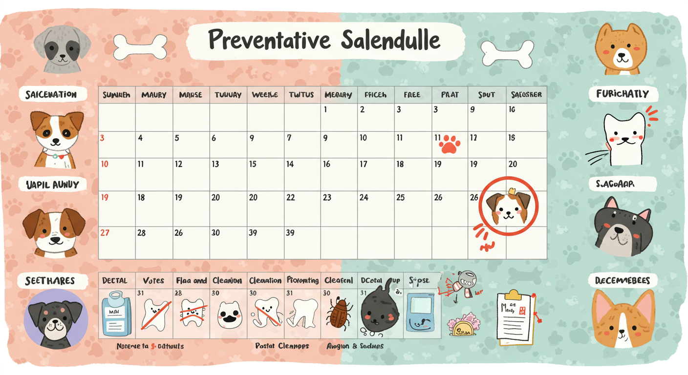 Une illustration montrant un calendrier visuel des soins préventifs pour animaux de compagnie (vaccinations, examens dentaires, etc.), ou une image d'un animal en pleine forme.