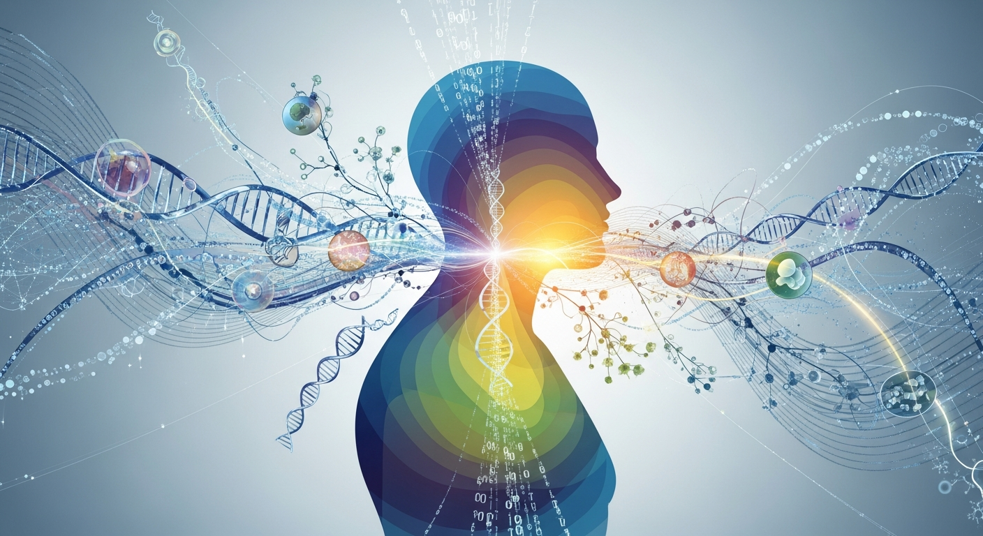 An abstract visual representing the fusion of behavioral science (human elements, thought processes), digital health (digital interfaces, data streams), and personalized medicine (DNA helix, customized elements) creating a new, supportive framework for an individual.