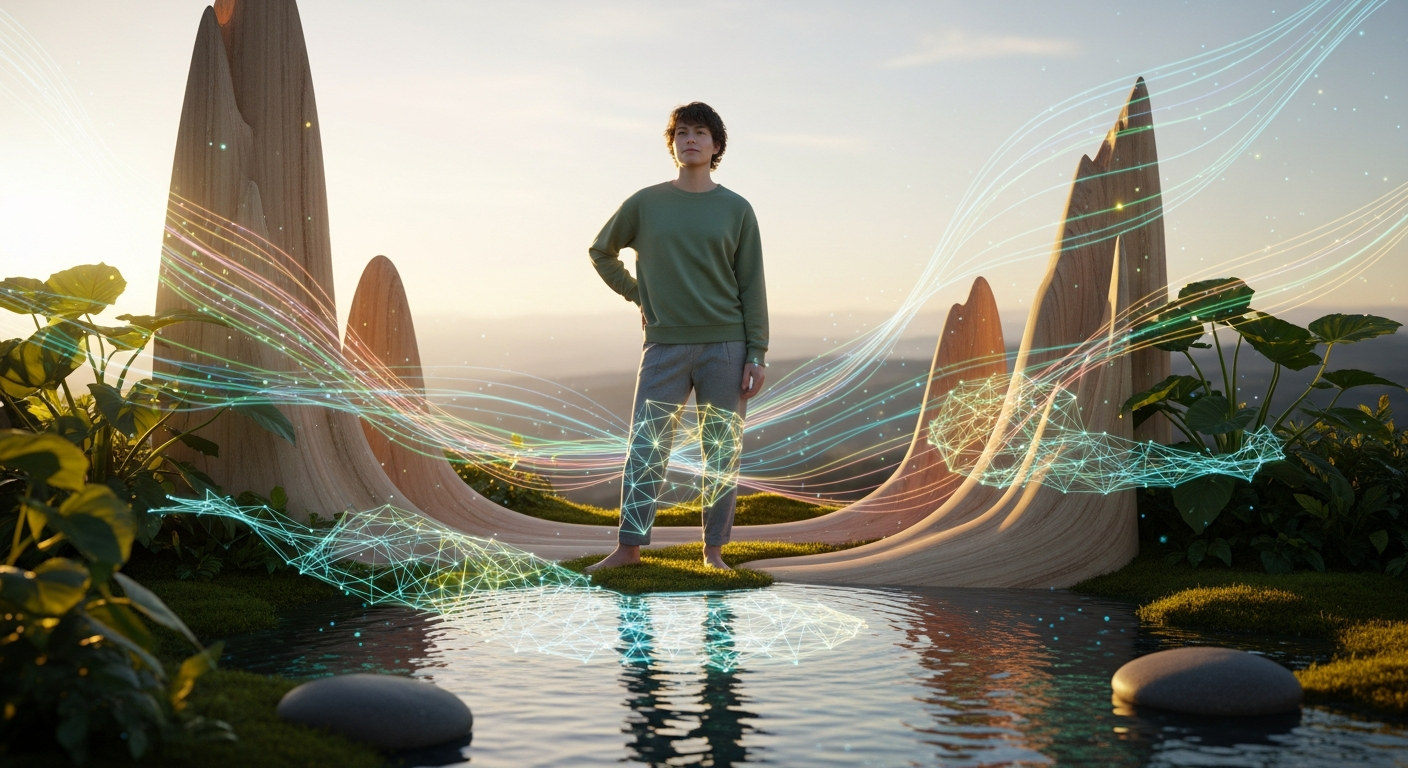 An individual standing confidently and peacefully in a balanced environment, with elements representing personal growth, community connections (subtle networks), and integrated, mindful technology use (flowing data, gentle digital elements).