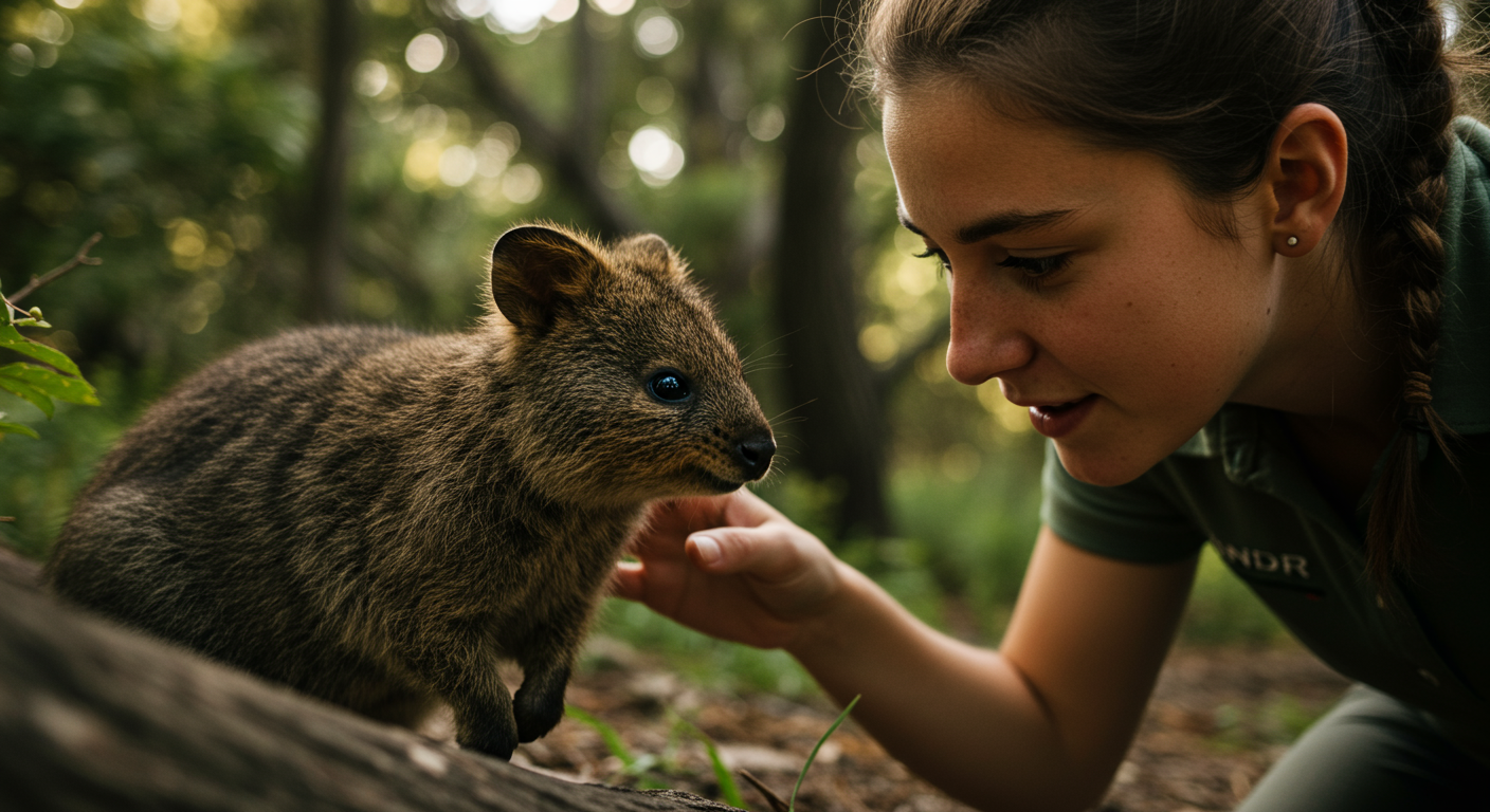 Image d'un soignant interagissant avec douceur avec un kangourou ou un autre animal australien emblématique dans un environnement naturel.