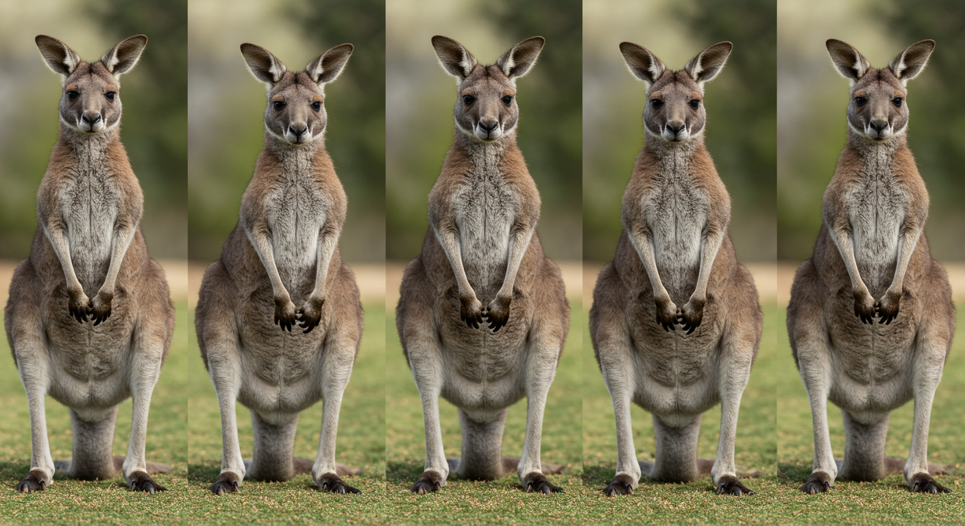 Image d'un macropod (kangourou ou wallaby) montrant différents niveaux de stress, du calme à l'alerte maximale.  On pourrait montrer l'évolution de la posture et des expressions faciales.