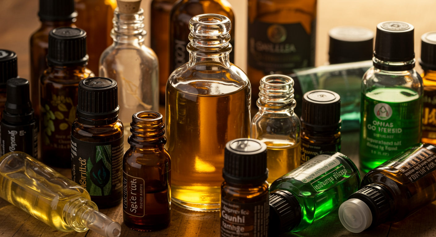Une image montrant une variété d'huiles essentielles disposées esthétiquement, avec des nuances de couleurs chaudes et naturelles, suggérant la complexité et la beauté de ces substances.