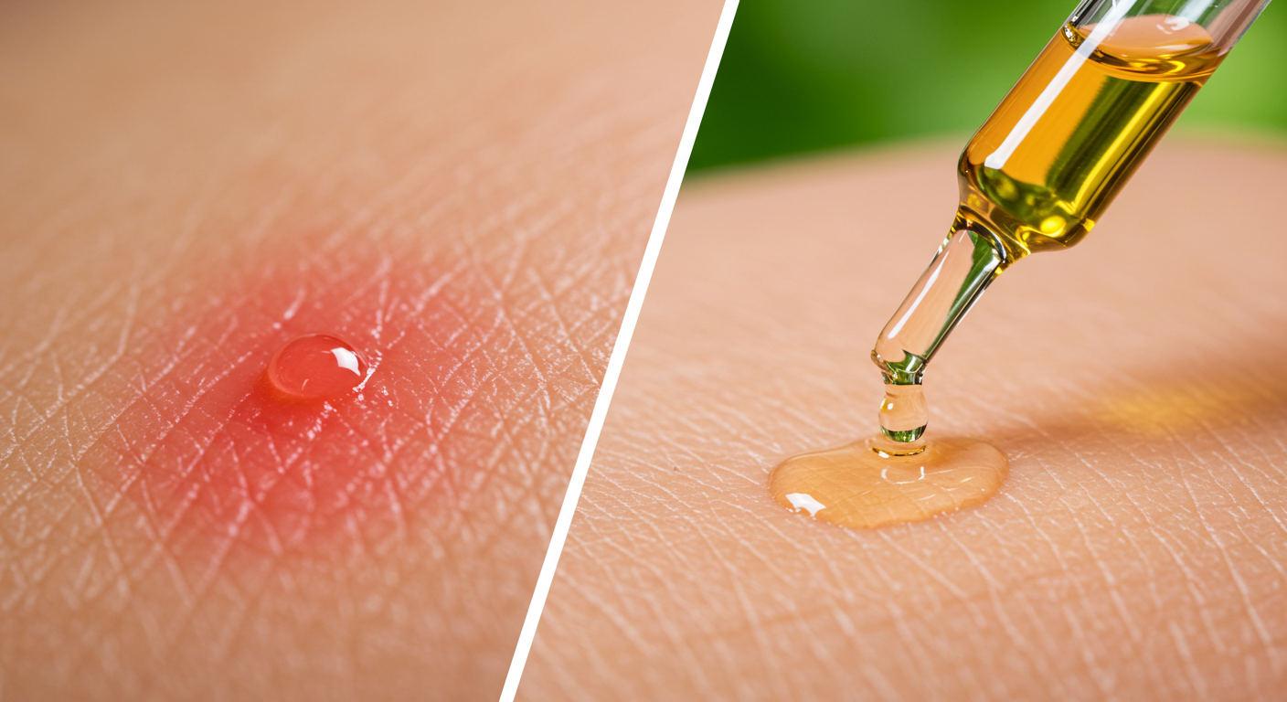Une image montrant une comparaison visuelle de gouttes d'huile essentielle pure et diluée sur la peau. Une goutte pure provoque une irritation rouge, tandis qu'une goutte diluée est appliquée sans problème.