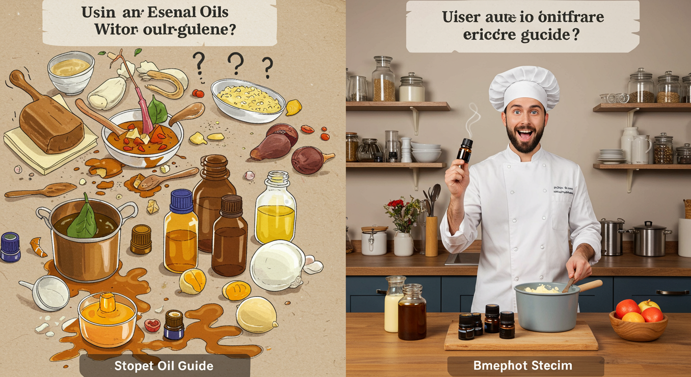 Une image visuelle comparant l'utilisation d'huiles essentielles sans guide à la préparation d'un plat complexe avec seulement une liste d'ingrédients.  Un côté désorganisé et un côté avec un chef confiant suivant une recette.