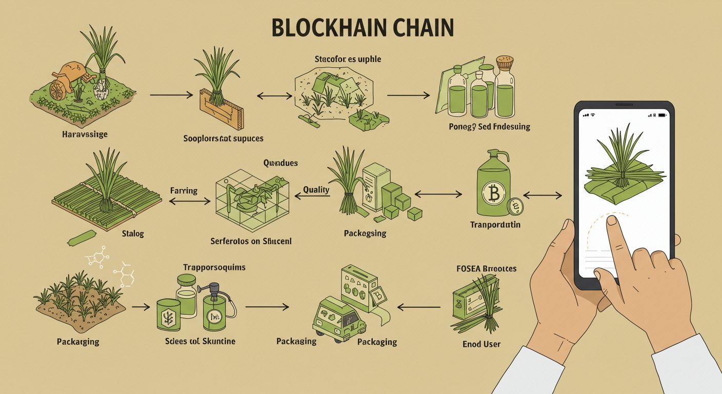 Représentation visuelle de la chaîne d'approvisionnement du vétiver avec la technologie blockchain intégrée. Visualisation du suivi et de la transparence à chaque étape.