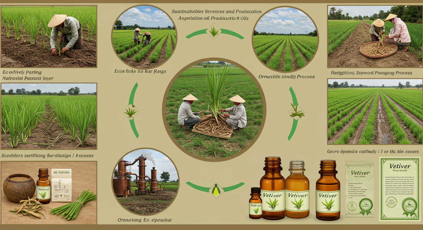 Image représentant le cycle de vie durable du vétiver : de la plantation à la distillation, en passant par une cueillette respectueuse de l'environnement, avec des éléments visuels suggérant la certification bio.