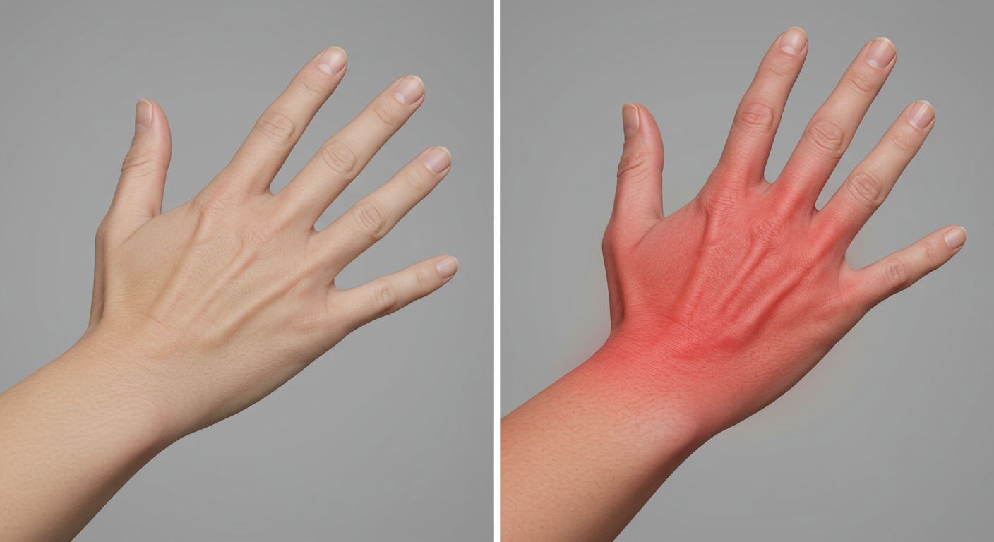Une image représentant une main appliquant une goutte d'huile essentielle directement sur la peau, montrant une réaction cutanée rouge et irritée en contraste avec une main saine.
