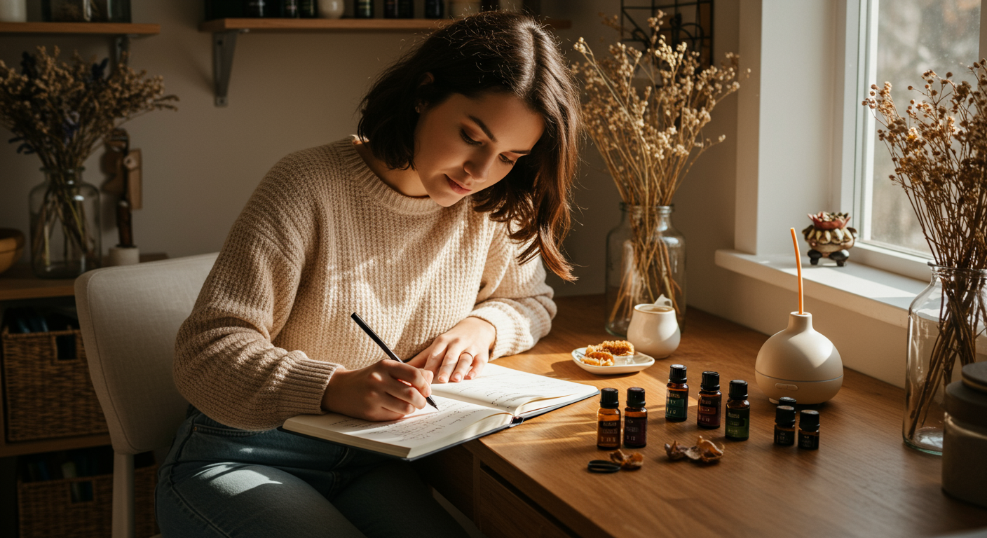 Une image représentant une personne utilisant un journal et des outils de suivi pour documenter son expérience avec les huiles essentielles. Atmosphère sereine et organisée.